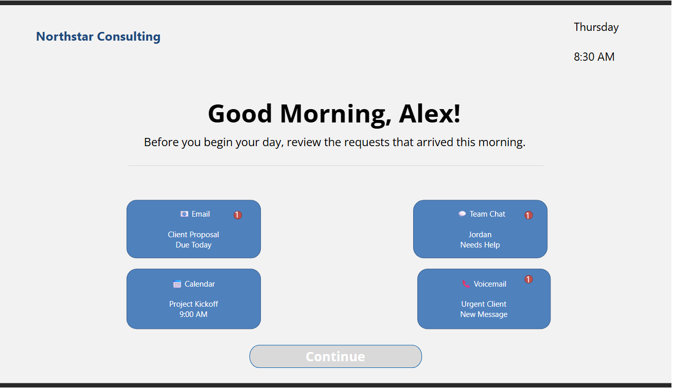 Northstar Consulting simulation dashboard with email, team chat, calendar, and voicemail items waiting for review