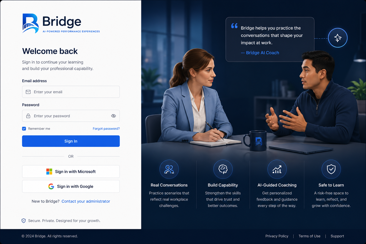 Bridge AI-powered leadership learning platform login and coaching experience preview