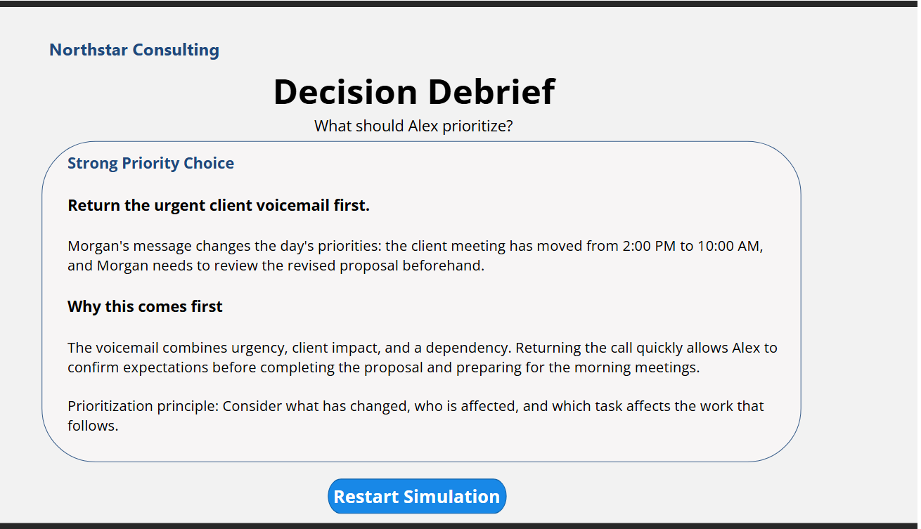 Decision Debrief screen showing tailored feedback explaining why returning the urgent client voicemail comes first